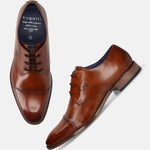 Men's Bugatti derby cognac leather shoes with a pointed toe and cap toe featuring a moulded heel , a tpr outsole , and laces fastening.