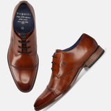 Men's Bugatti derby cognac leather shoes with a pointed toe and cap toe featuring a moulded heel , a tpr outsole , and laces fastening.