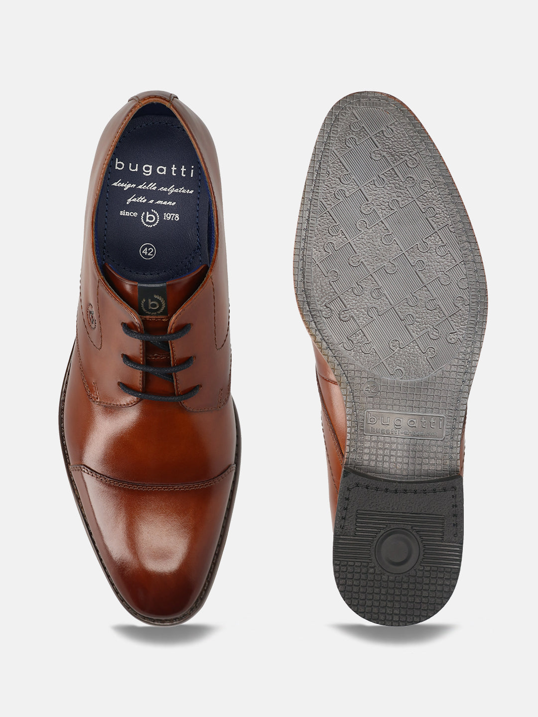 Men's Bugatti derby cognac leather shoes with a pointed toe and cap toe featuring a moulded heel , a tpr outsole , and laces fastening.