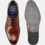 Men's Bugatti derby cognac leather shoes with a pointed toe and cap toe featuring a moulded heel , a tpr outsole , and laces fastening.