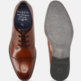 Men's Bugatti derby cognac leather shoes with a pointed toe and cap toe featuring a moulded heel , a tpr outsole , and laces fastening.