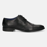 Men's Bugatti derby black leather shoes with a pointed toe and cap toe featuring a moulded heel , a tpr outsole , and laces fastening.