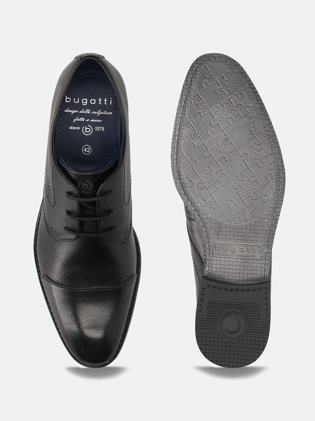 Men's Bugatti derby black leather shoes with a pointed toe and cap toe featuring a moulded heel , a tpr outsole , and laces fastening.