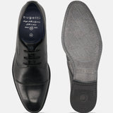 Men's Bugatti derby black leather shoes with a pointed toe and cap toe featuring a moulded heel , a tpr outsole , and laces fastening.