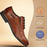 Men's Bugatti derby cognac leather shoes with a round toe and plain toe featuring a stacked heel , a tpr outsole , and laces fastening.