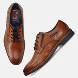 Men's Bugatti derby cognac leather shoes with a round toe and plain toe featuring a stacked heel , a tpr outsole , and laces fastening.