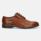 Men's Bugatti derby cognac leather shoes with a round toe and plain toe featuring a stacked heel , a tpr outsole , and laces fastening.