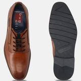 Men's Bugatti derby cognac leather shoes with a round toe and plain toe featuring a stacked heel , a tpr outsole , and laces fastening.