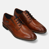 Men's Bugatti derby cognac leather shoes with a round toe and plain toe featuring a stacked heel , a tpr outsole , and laces fastening.