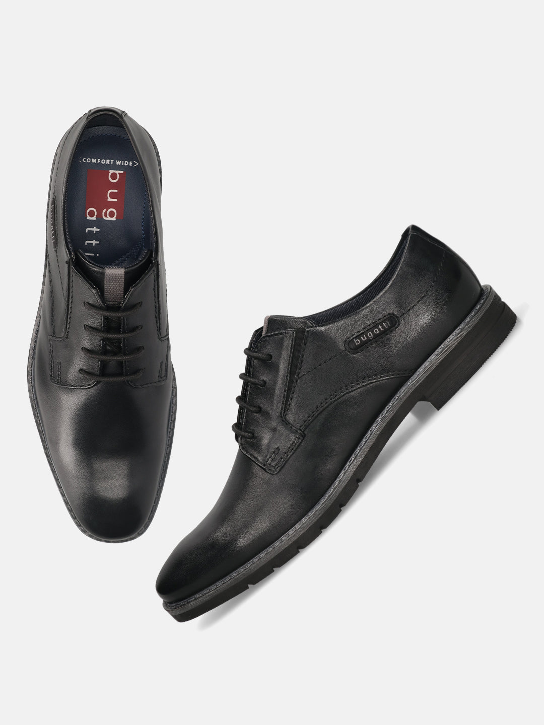 Men's Bugatti derby black leather shoes with a round toe and plain toe featuring a stacked heel , a tpr outsole , and laces fastening.