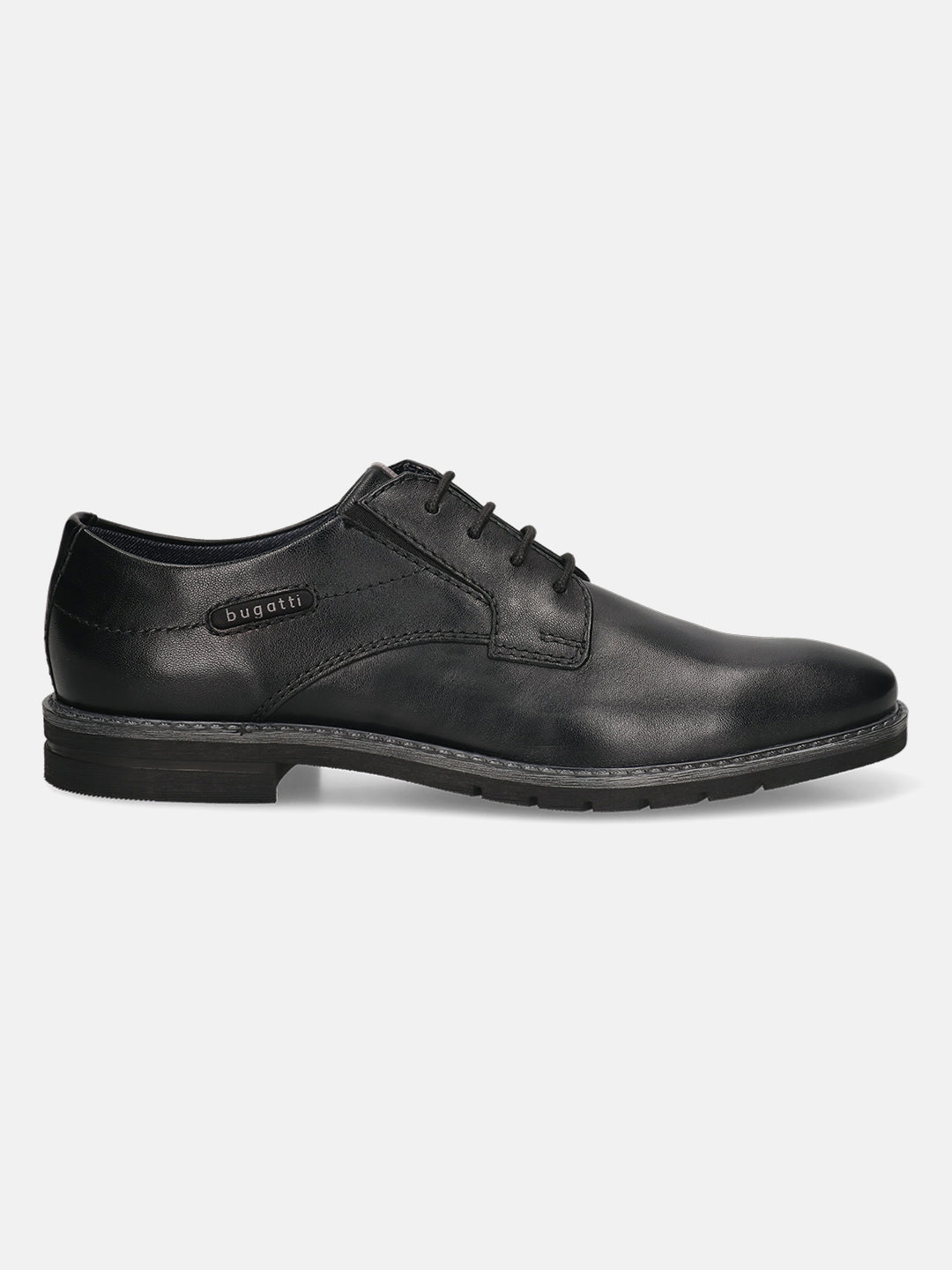 Men's Bugatti derby black leather shoes with a round toe and plain toe featuring a stacked heel , a tpr outsole , and laces fastening.