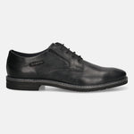 Men's Bugatti derby black leather shoes with a round toe and plain toe featuring a stacked heel , a tpr outsole , and laces fastening.
