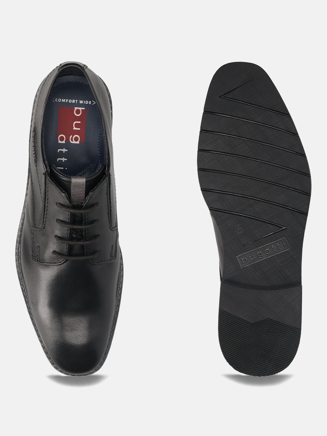 Men's Bugatti derby black leather shoes with a round toe and plain toe featuring a stacked heel , a tpr outsole , and laces fastening.