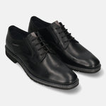 Men's Bugatti derby black leather shoes with a round toe and plain toe featuring a stacked heel , a tpr outsole , and laces fastening.