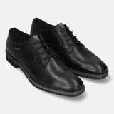 Men's Bugatti derby black leather shoes with a round toe and plain toe featuring a stacked heel , a tpr outsole , and laces fastening.