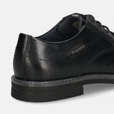 Men's Bugatti derby black leather shoes with a round toe and plain toe featuring a stacked heel , a tpr outsole , and laces fastening.