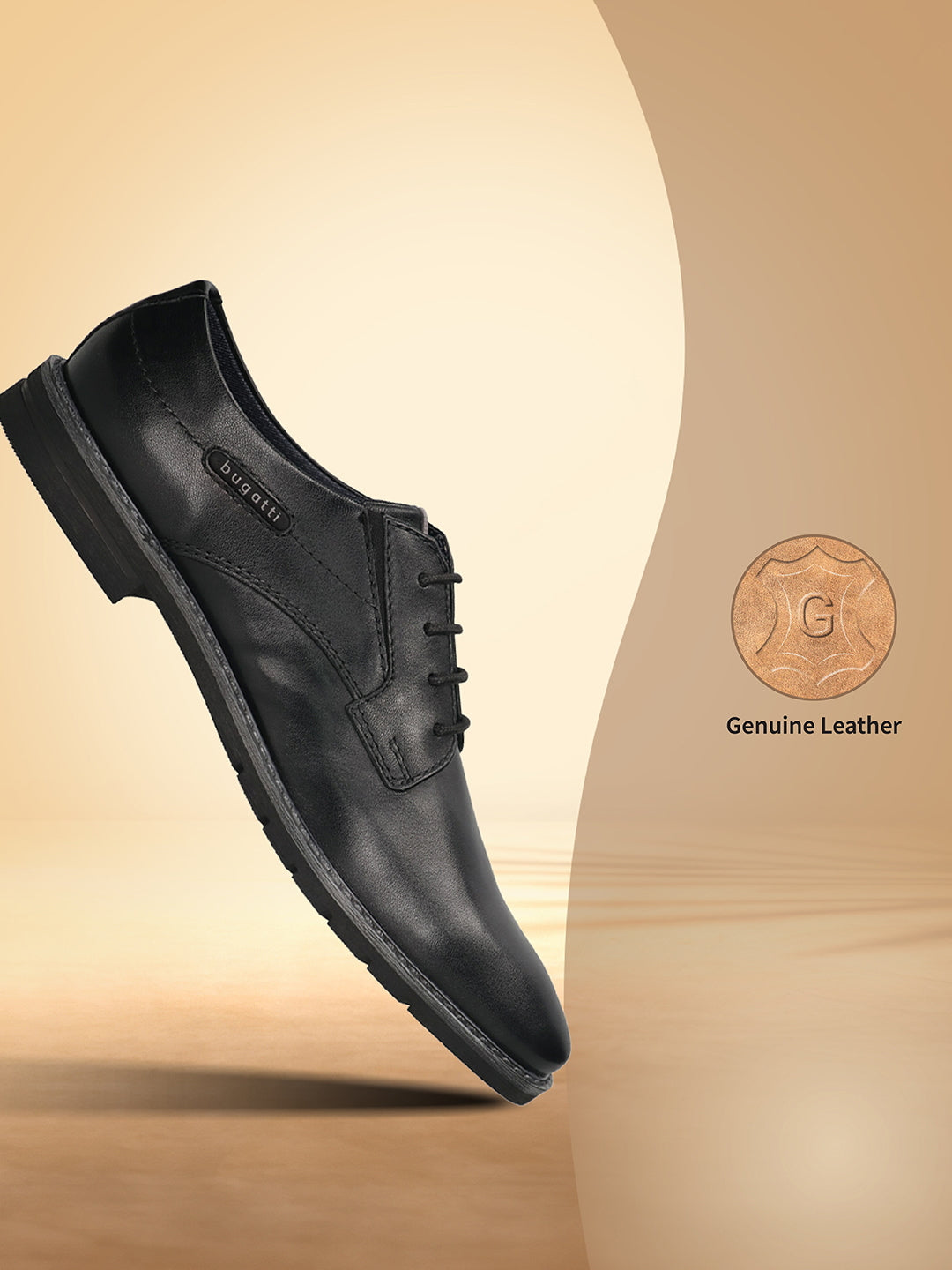 Men's Bugatti derby black leather shoes with a round toe and plain toe featuring a stacked heel , a tpr outsole , and laces fastening.
