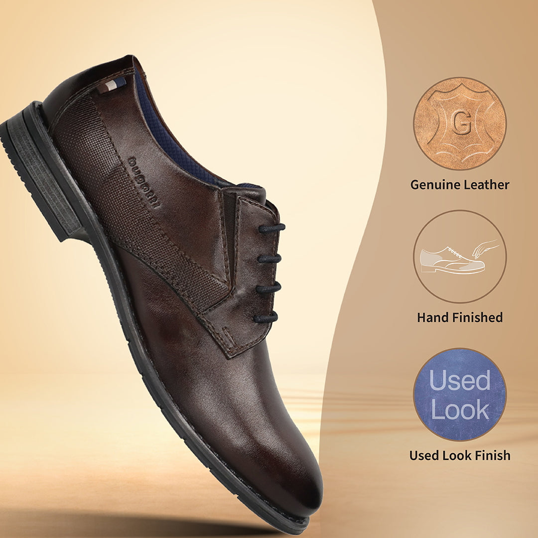 Men's Bugatti derby brown leather shoes with a round toe and plain toe featuring a moulded heel , a tpr outsole , and laces fastening.