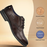 Men's Bugatti derby brown leather shoes with a round toe and plain toe featuring a moulded heel , a tpr outsole , and laces fastening.