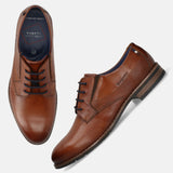 Men's Bugatti derby cognac leather shoes with a round toe and plain toe featuring a moulded heel , a tpr outsole , and laces fastening.