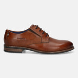 Men's Bugatti derby cognac leather shoes with a round toe and plain toe featuring a moulded heel , a tpr outsole , and laces fastening.