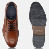 Men's Bugatti derby cognac leather shoes with a round toe and plain toe featuring a moulded heel , a tpr outsole , and laces fastening.