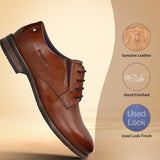 Men's Bugatti derby cognac leather shoes with a round toe and plain toe featuring a moulded heel , a tpr outsole , and laces fastening.