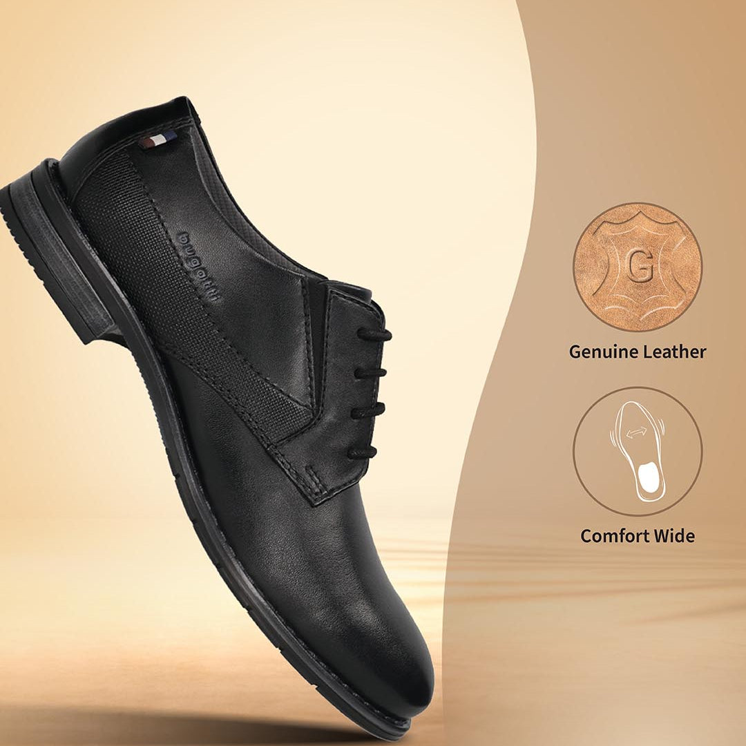 Men's Bugatti derby black leather shoes with a round toe and plain toe featuring a moulded heel , a tpr outsole , and laces fastening.
