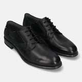 Men's Bugatti derby black leather shoes with a round toe and plain toe featuring a moulded heel , a tpr outsole , and laces fastening.