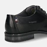 Men's Bugatti derby black leather shoes with a round toe and plain toe featuring a moulded heel , a tpr outsole , and laces fastening.