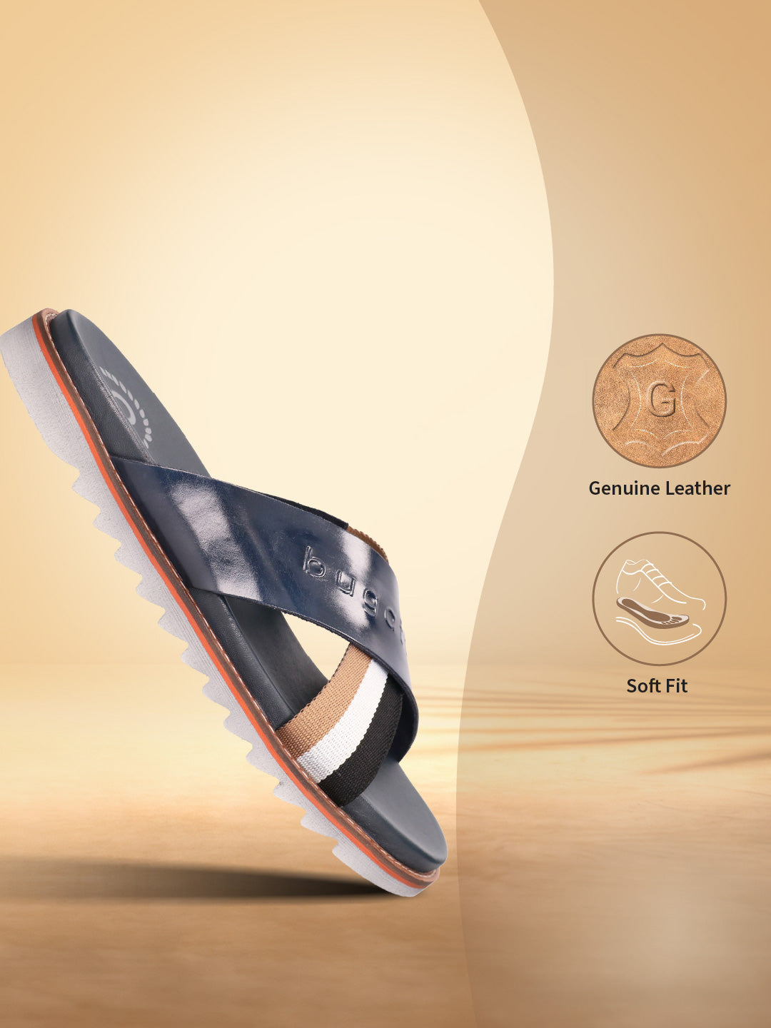 A blue Men's bugatti Cross Strap Sandals featuring a round open toe, zero heels heel, and a wide fit. Made from premium genuine leather with a durable eva outsole, this slip-on design offers both style and comfort.