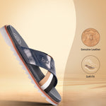 A blue Men's bugatti Cross Strap Sandals featuring a round open toe, zero heels heel, and a wide fit. Made from premium genuine leather with a durable eva outsole, this slip-on design offers both style and comfort.