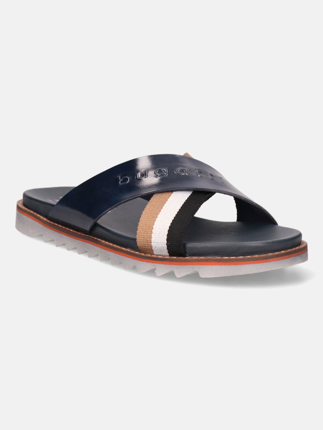 A blue Men's bugatti Cross Strap Sandals featuring a round open toe, zero heels heel, and a wide fit. Made from premium genuine leather with a durable eva outsole, this slip-on design offers both style and comfort.