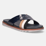 A blue Men's bugatti Cross Strap Sandals featuring a round open toe, zero heels heel, and a wide fit. Made from premium genuine leather with a durable eva outsole, this slip-on design offers both style and comfort.