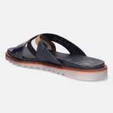 A blue Men's bugatti Cross Strap Sandals featuring a round open toe, zero heels heel, and a wide fit. Made from premium genuine leather with a durable eva outsole, this slip-on design offers both style and comfort.