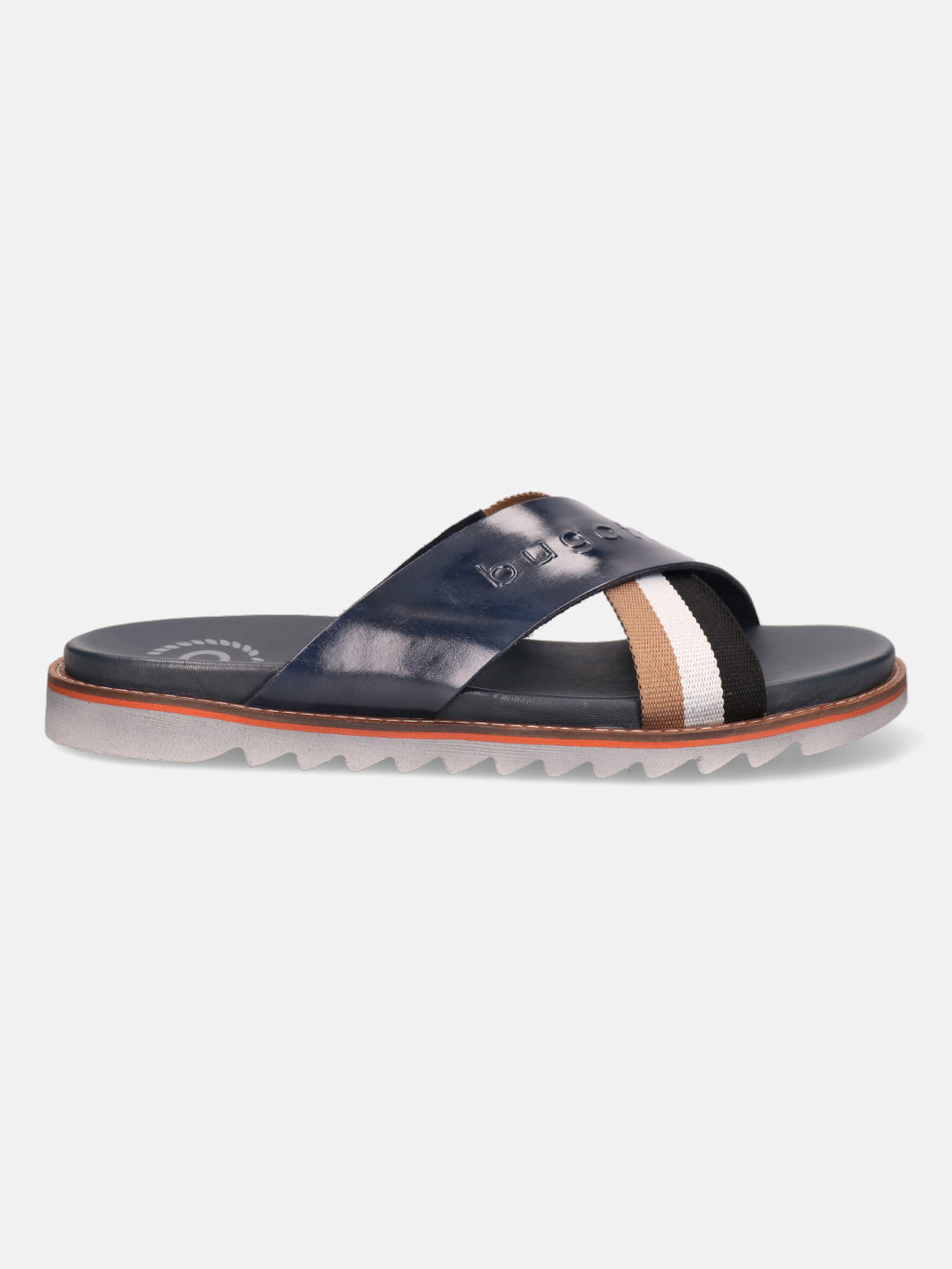 A blue Men's bugatti Cross Strap Sandals featuring a round open toe, zero heels heel, and a wide fit. Made from premium genuine leather with a durable eva outsole, this slip-on design offers both style and comfort.