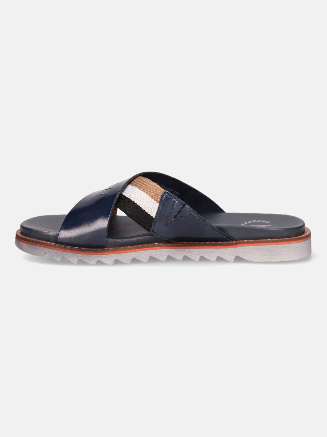 A blue Men's bugatti Cross Strap Sandals featuring a round open toe, zero heels heel, and a wide fit. Made from premium genuine leather with a durable eva outsole, this slip-on design offers both style and comfort.