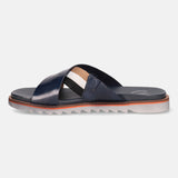 A blue Men's bugatti Cross Strap Sandals featuring a round open toe, zero heels heel, and a wide fit. Made from premium genuine leather with a durable eva outsole, this slip-on design offers both style and comfort.