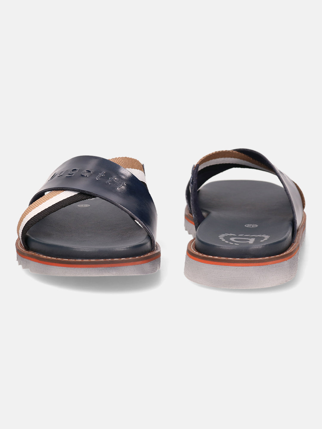 A blue Men's bugatti Cross Strap Sandals featuring a round open toe, zero heels heel, and a wide fit. Made from premium genuine leather with a durable eva outsole, this slip-on design offers both style and comfort.