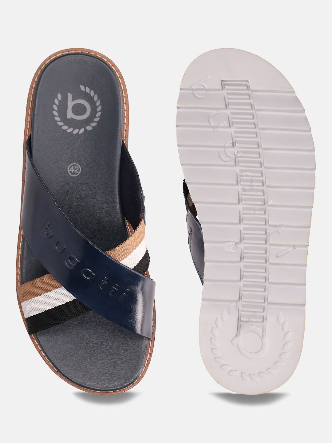 A blue Men's bugatti Cross Strap Sandals featuring a round open toe, zero heels heel, and a wide fit. Made from premium genuine leather with a durable eva outsole, this slip-on design offers both style and comfort.
