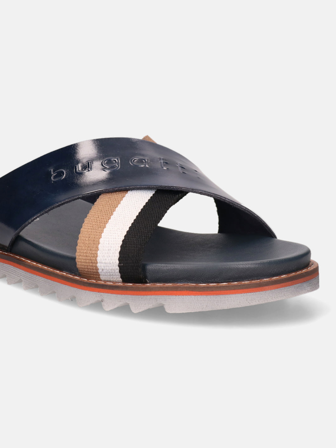 A blue Men's bugatti Cross Strap Sandals featuring a round open toe, zero heels heel, and a wide fit. Made from premium genuine leather with a durable eva outsole, this slip-on design offers both style and comfort.