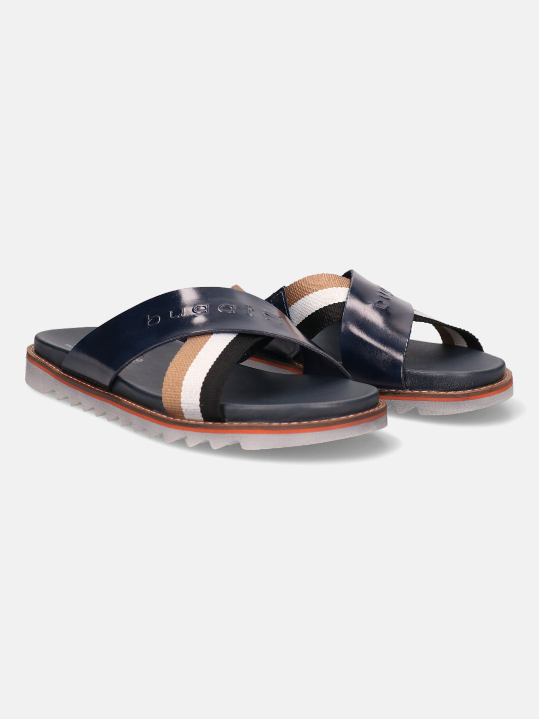 A blue Men's bugatti Cross Strap Sandals featuring a round open toe, zero heels heel, and a wide fit. Made from premium genuine leather with a durable eva outsole, this slip-on design offers both style and comfort.