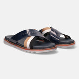 A blue Men's bugatti Cross Strap Sandals featuring a round open toe, zero heels heel, and a wide fit. Made from premium genuine leather with a durable eva outsole, this slip-on design offers both style and comfort.