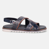 A blue Men's bugatti Back Strap Sandals featuring a round open toe, zero heels heel, and a wide fit. Made from premium genuine leather with a durable eva outsole, this slip-on design offers both style and comfort.