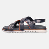 A blue Men's bugatti Back Strap Sandals featuring a round open toe, zero heels heel, and a wide fit. Made from premium genuine leather with a durable eva outsole, this slip-on design offers both style and comfort.