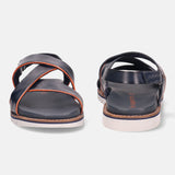 A blue Men's bugatti Back Strap Sandals featuring a round open toe, zero heels heel, and a wide fit. Made from premium genuine leather with a durable eva outsole, this slip-on design offers both style and comfort.