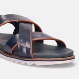 A blue Men's bugatti Back Strap Sandals featuring a round open toe, zero heels heel, and a wide fit. Made from premium genuine leather with a durable eva outsole, this slip-on design offers both style and comfort.