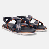 A blue Men's bugatti Back Strap Sandals featuring a round open toe, zero heels heel, and a wide fit. Made from premium genuine leather with a durable eva outsole, this slip-on design offers both style and comfort.