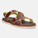 A brown Men's bugatti Back Strap Sandals featuring a round open toe, zero heels heel, and a wide fit. Made from premium genuine leather with a durable eva outsole, this slip-on design offers both style and comfort.