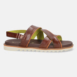A brown Men's bugatti Back Strap Sandals featuring a round open toe, zero heels heel, and a wide fit. Made from premium genuine leather with a durable eva outsole, this slip-on design offers both style and comfort.